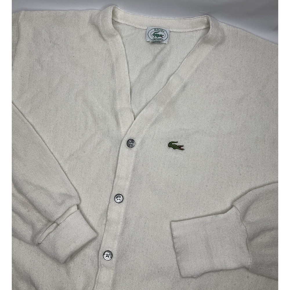 Vintage Izod Lacoste Cardigan Men L Sweater Retro 80s 90s Ivory Cream Alligator